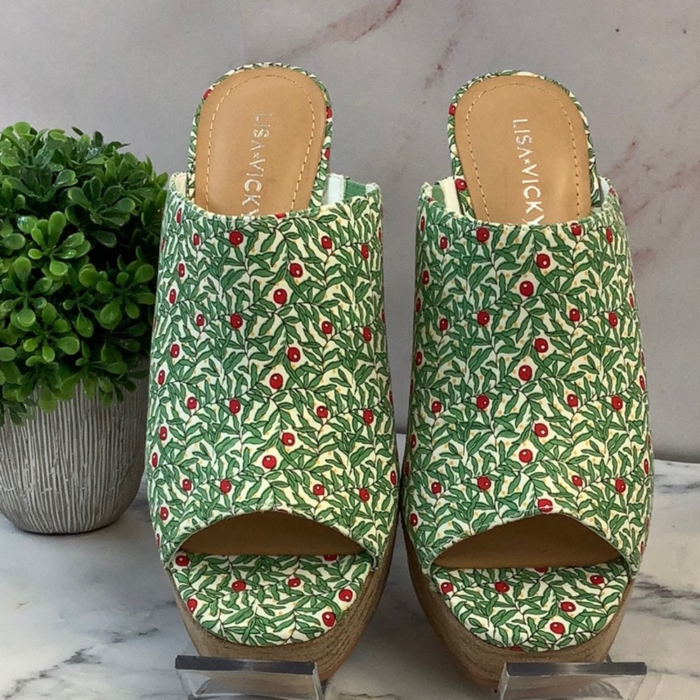NIB Lisa Vicky Green Women's Floral Mules with Cork Platform Size 6